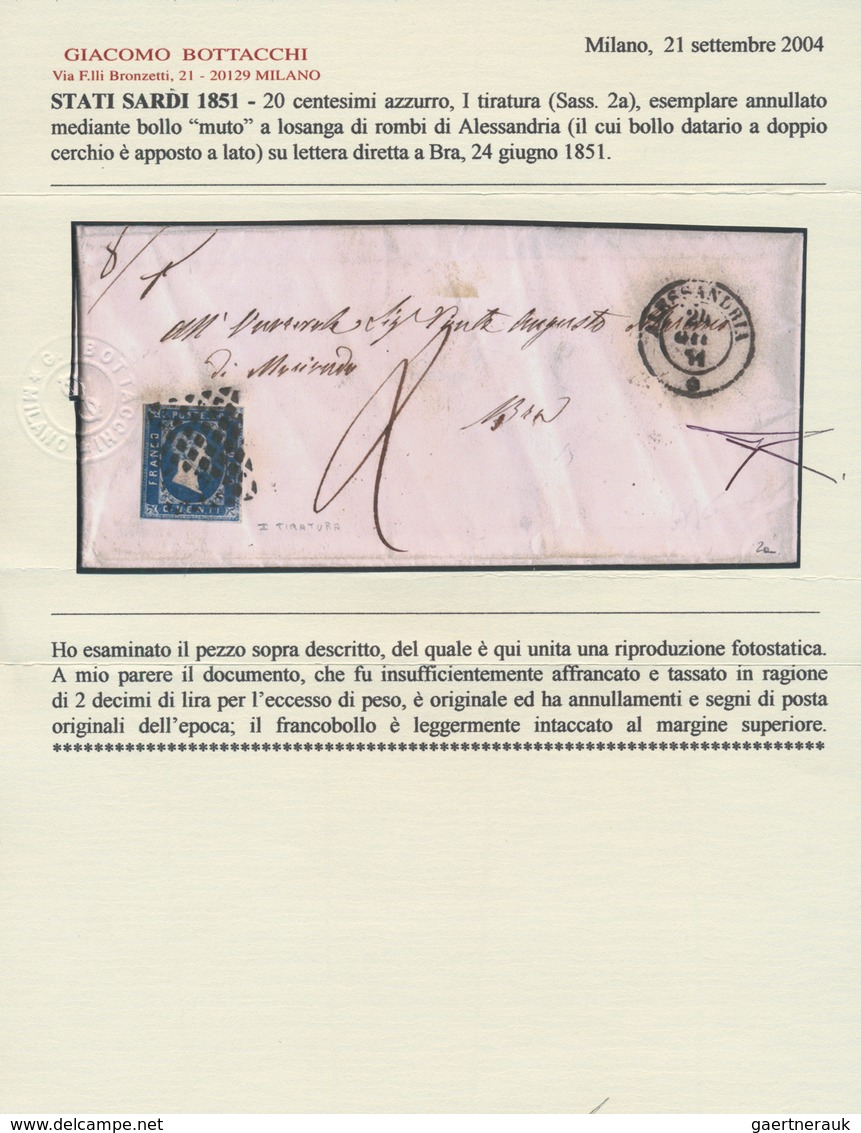 Italien - Altitalienische Staaten: Sardinien: 1851, 20 C Blue, First Printing, Three Close Margins, - Sardinië