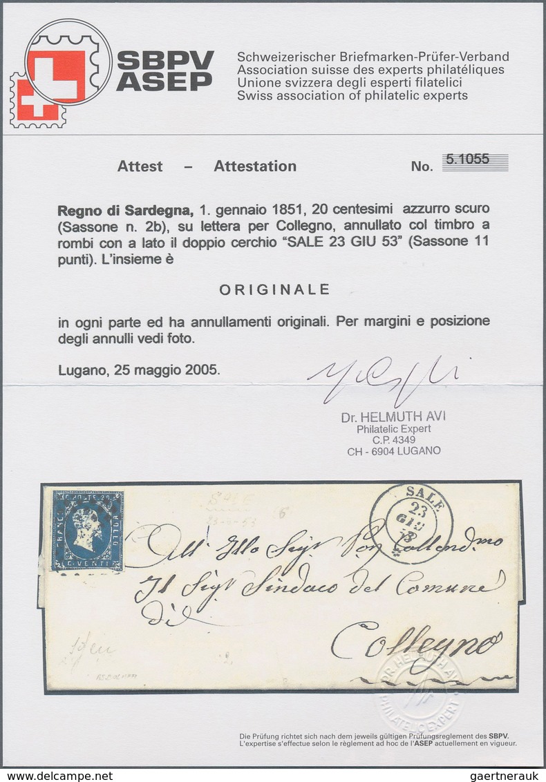 Italien - Altitalienische Staaten: Sardinien: 1851, 20 C Deep Blue, Three Margins, At Bottom Cut, Ti - Sardegna