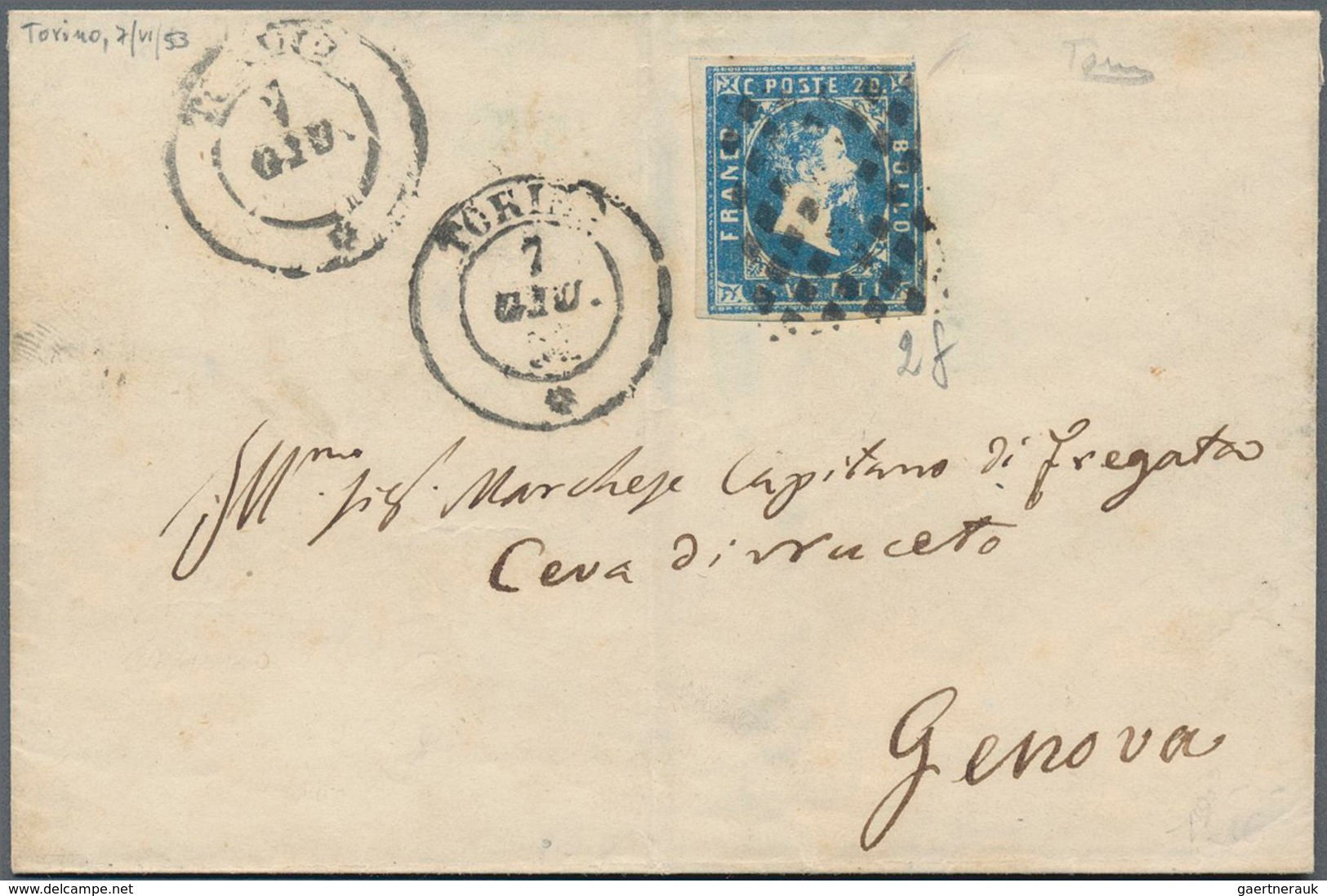 Italien - Altitalienische Staaten: Sardinien: 1851, 20 C Bright Blue, Three Full Margins, Slightly T - Sardinia