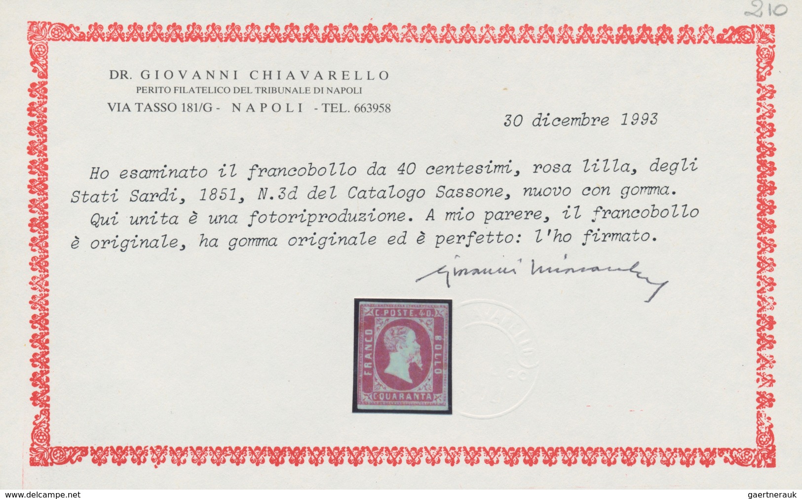 Italien - Altitalienische Staaten: Sardinien: 1851, 40 Cents, Lilac Pink, Mint With Gum, Well Margin - Sardinia