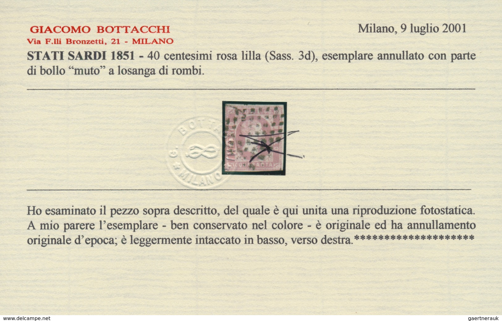 Italien - Altitalienische Staaten: Sardinien: 1851, 40c. Rose-lilac, Fresh Colour, Slightly Cut Into - Sardinië