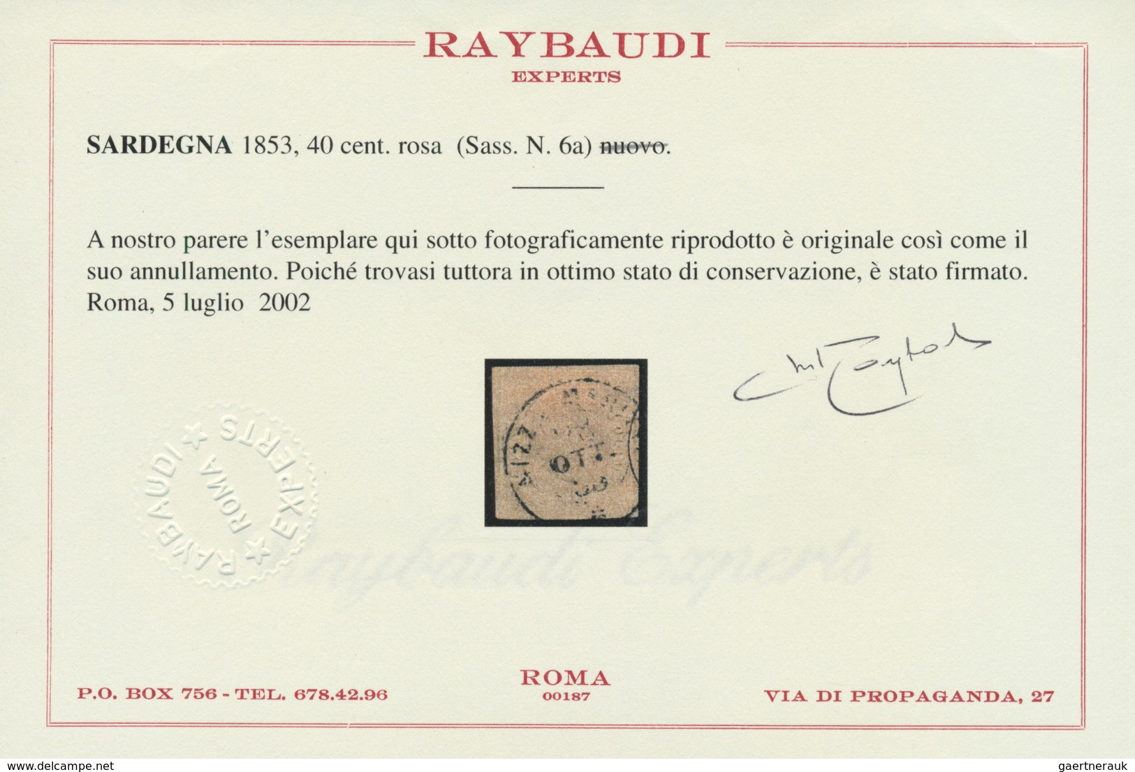 Italien - Altitalienische Staaten: Sardinien: 1853, 40c. Rose, Fresh Colour, Full Margins, Neatly Ob - Sardinië