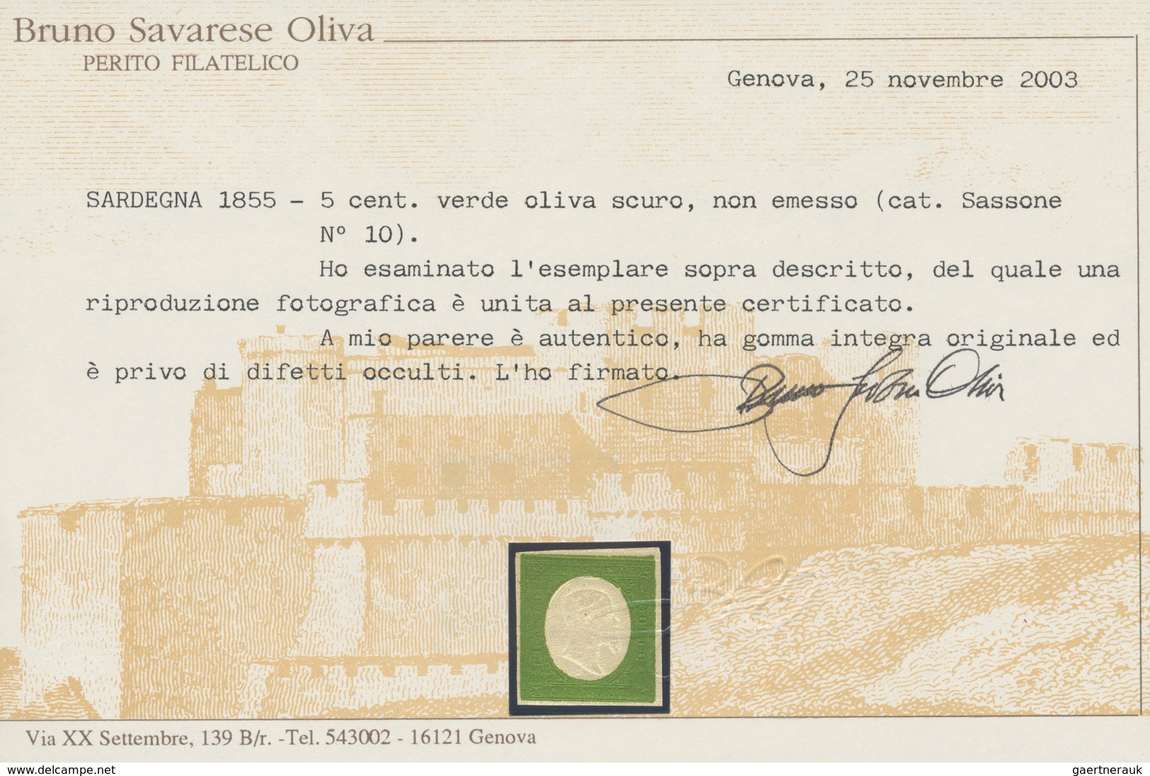 Italien - Altitalienische Staaten: Sardinien: 1854: 5 Cents Dark Olive Green, Not Emitted, MNH, Free - Sardinië