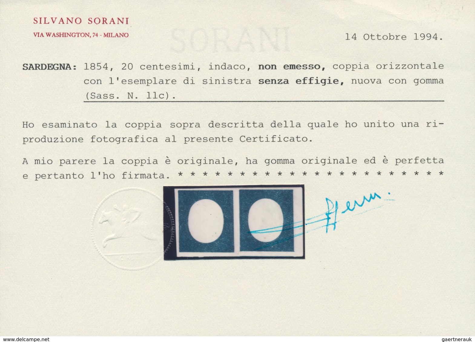 Italien - Altitalienische Staaten: Sardinien: 1854, 20c. Blue, Not Issued, Right Marginal Horizontal - Sardinië