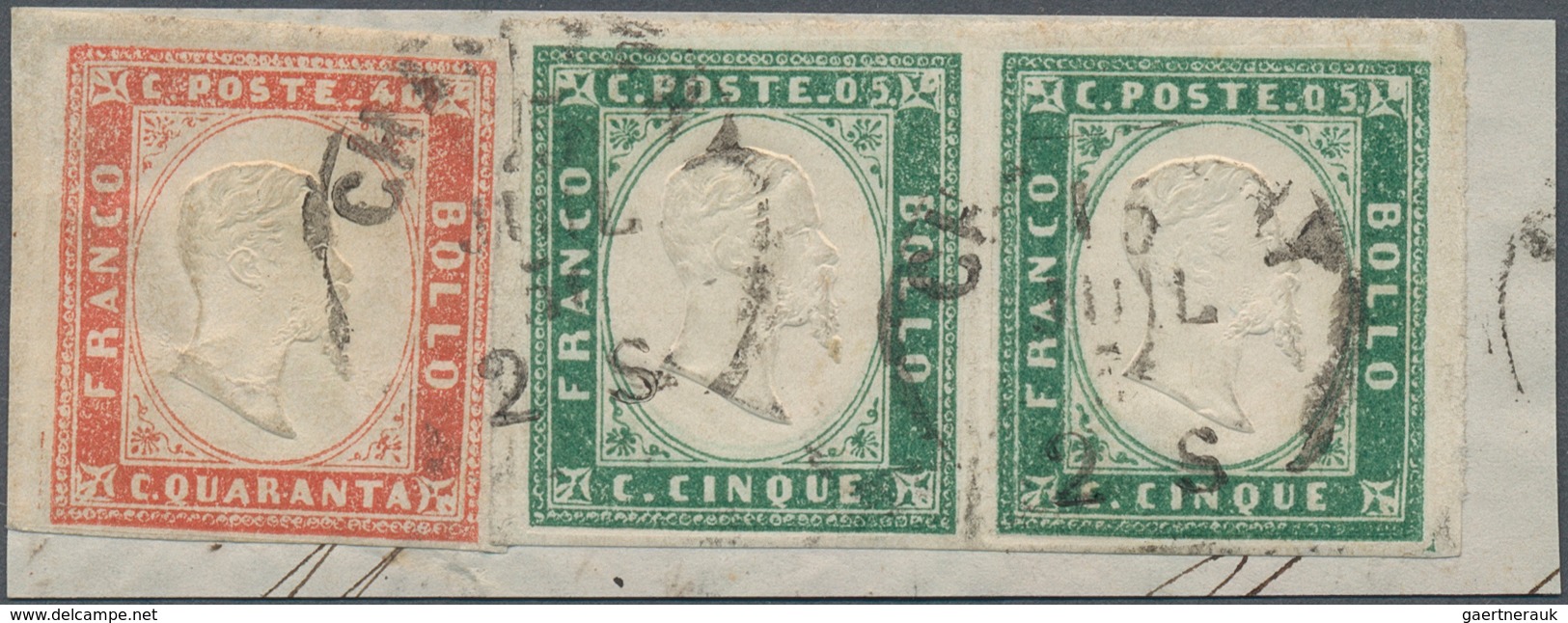 Italien - Altitalienische Staaten: Sardinien: 1855, 5c. Emerald-green Horizontal Pair And Single Cop - Sardinië