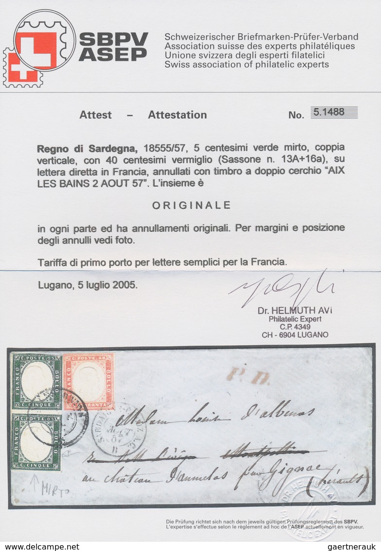 Italien - Altitalienische Staaten: Sardinien: 1855/57: 5 Cents Green Myrtle, Vertical Pair, With 40 - Sardinië