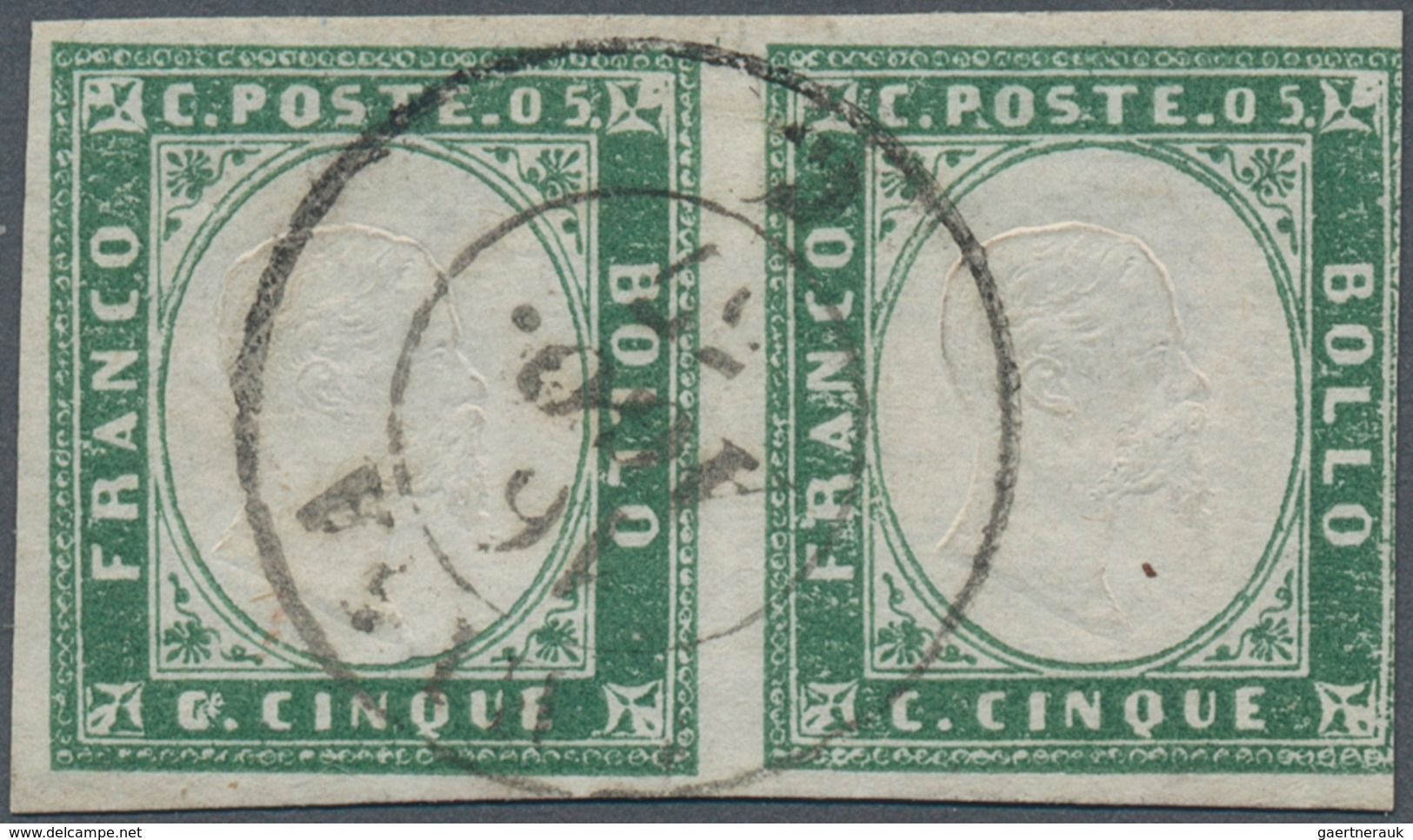 Italien - Altitalienische Staaten: Sardinien: 1857/1858, 5c. Light Myrtle-green, Horizontal Pair, Fr - Sardinië