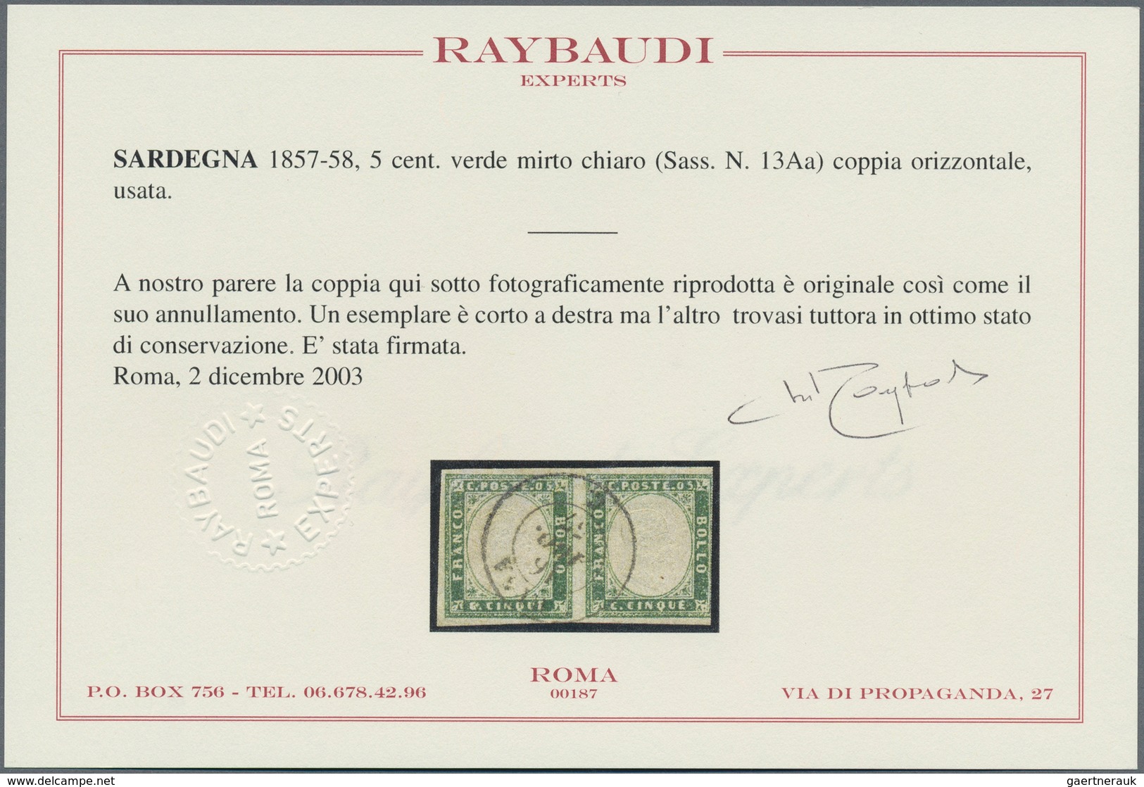 Italien - Altitalienische Staaten: Sardinien: 1857/1858, 5c. Light Myrtle-green, Horizontal Pair, Fr - Sardinië