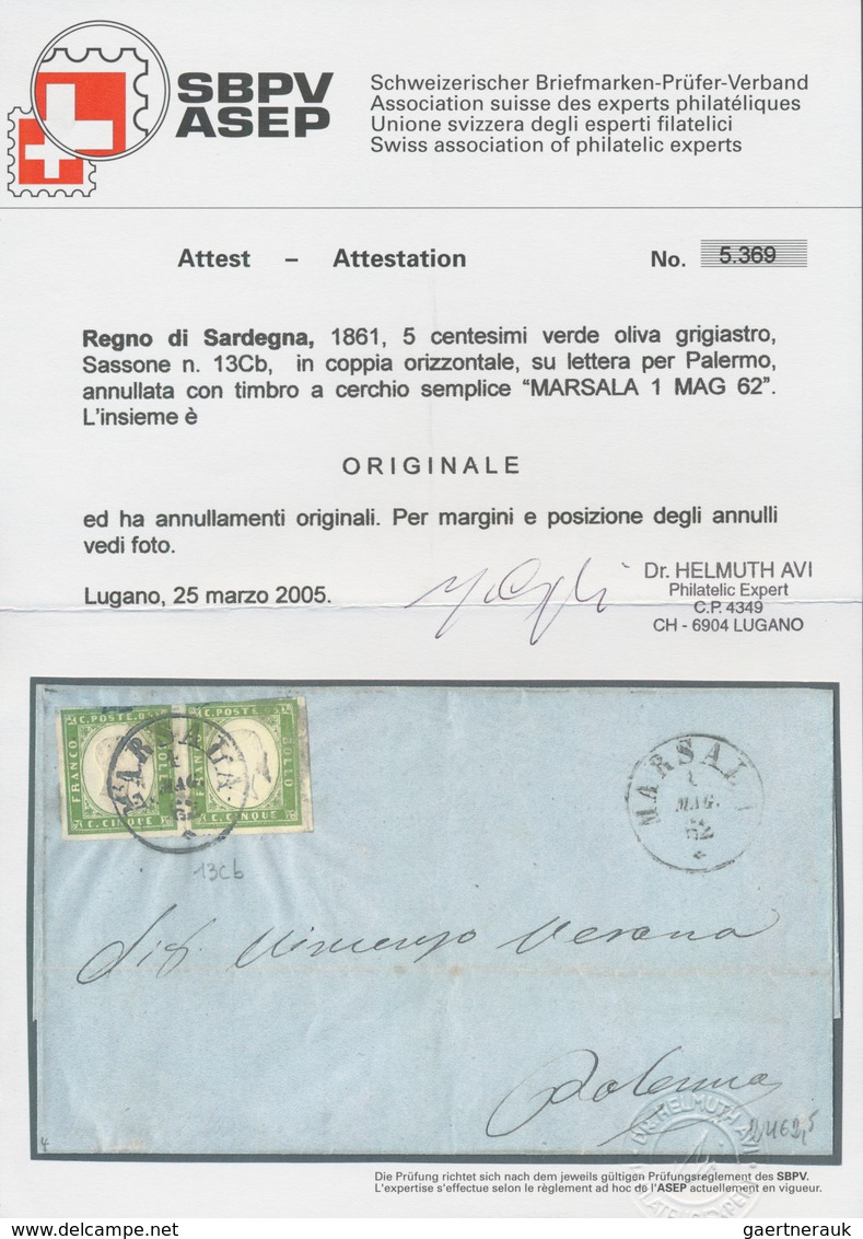 Italien - Altitalienische Staaten: Sardinien: 1861, 5 C Grey Olive-green, Horizontal Pair, Even To F - Sardinië