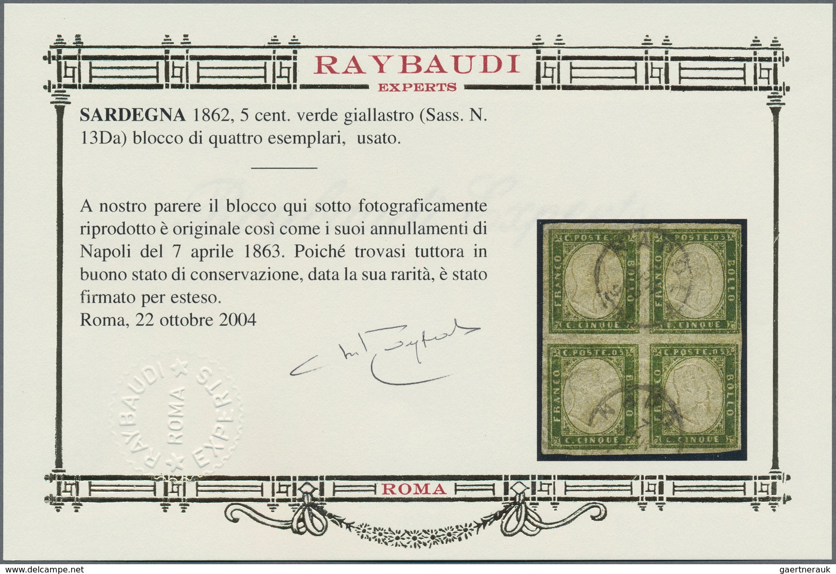 Italien - Altitalienische Staaten: Sardinien: 1862, 5c. Yellow-green, Block Of Four, Fresh Colour, S - Sardinië