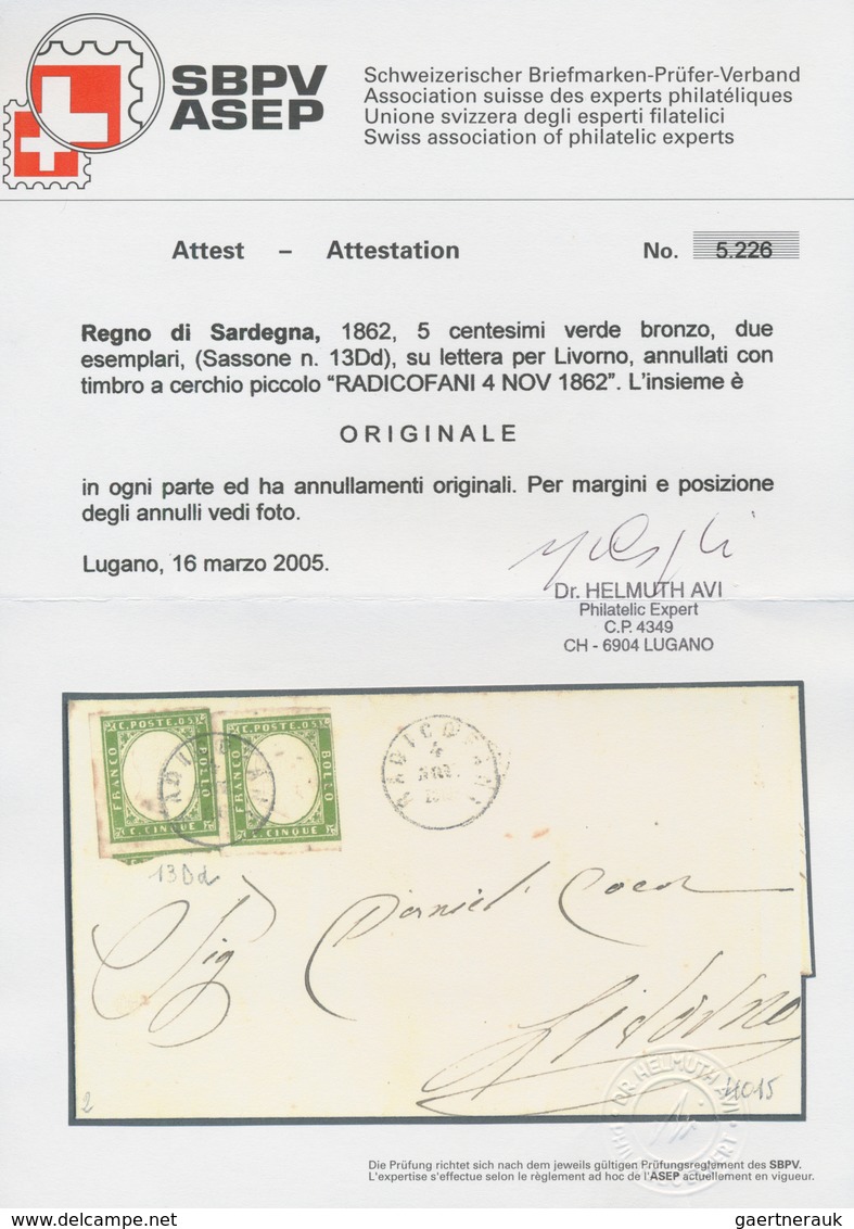 Italien - Altitalienische Staaten: Sardinien: 1862, 2 X 5 C Bronze-green, Each Stamp With Three Marg - Sardinië