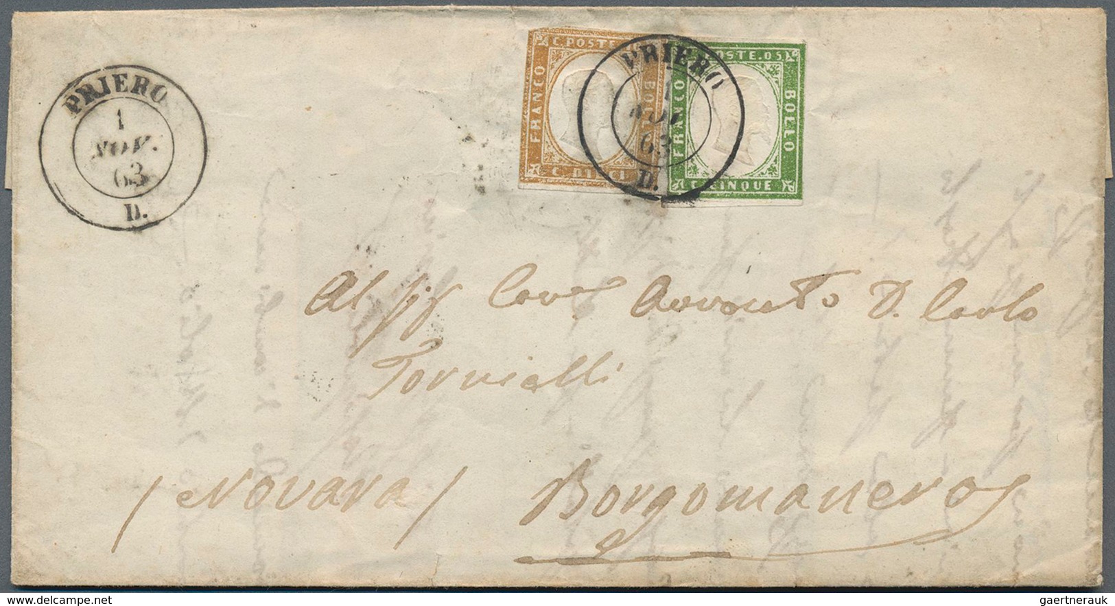 Italien - Altitalienische Staaten: Sardinien: 1863, 5 C Green And 10 C Bistre, Each Slightly Touched - Sardinië