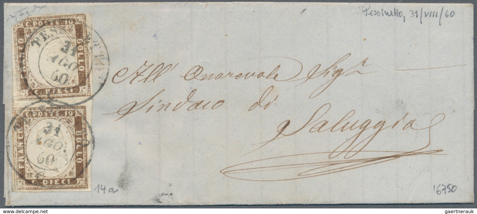 Italien - Altitalienische Staaten: Sardinien: 1858, 10 Cents Umbra, 2x (1 Cornerfault) On A Small Le - Sardinië