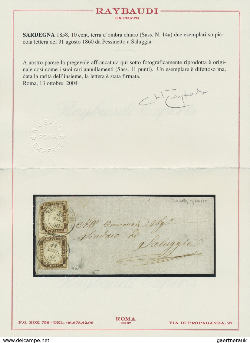 Italien - Altitalienische Staaten: Sardinien: 1858, 10 Cents Umbra, 2x (1 Cornerfault) On A Small Le - Sardinië