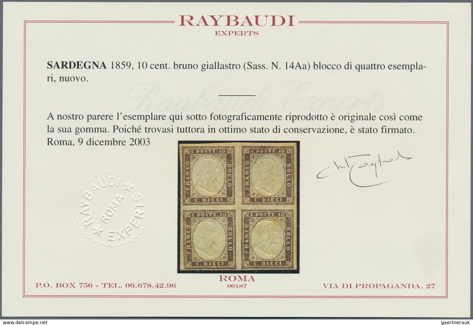 Italien - Altitalienische Staaten: Sardinien: 1859, 10c. Yellow-brown, Block Of Four, Close To Full - Sardinië