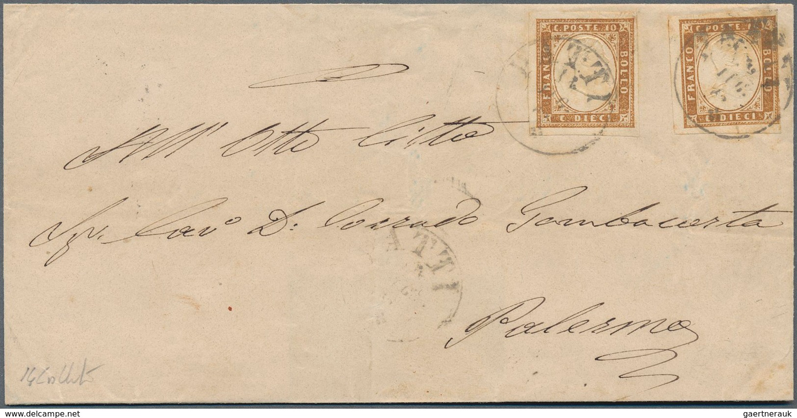 Italien - Altitalienische Staaten: Sardinien: 1861, 10c. Reddish Brown, Two Copies Of Fresh Colour A - Sardinië