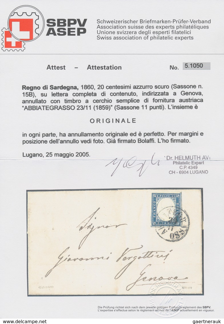 Italien - Altitalienische Staaten: Sardinien: 1859, 20 Cents Dark Blue On Letter Complete With Conte - Sardinië