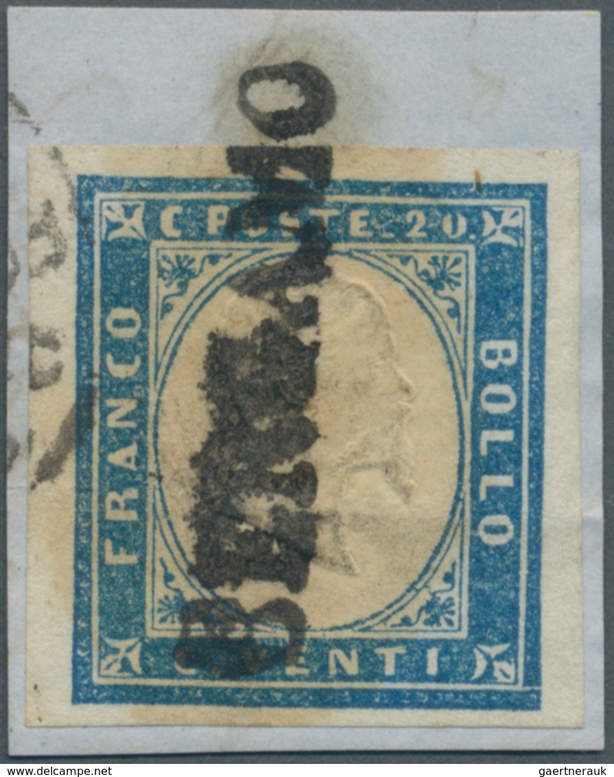 Italien - Altitalienische Staaten: Sardinien: 1860, 20 C Blue, Full Margins, Tied By Black Single-li - Sardinië