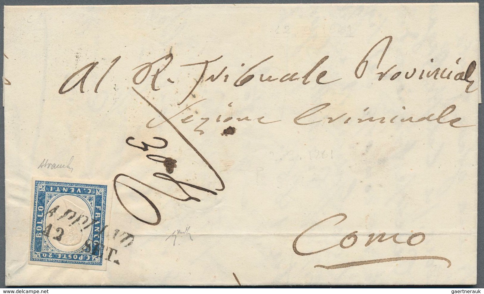 Italien - Altitalienische Staaten: Sardinien: 1860, 20 C Blue, Full Margins, Slight Horizontal Creas - Sardinië