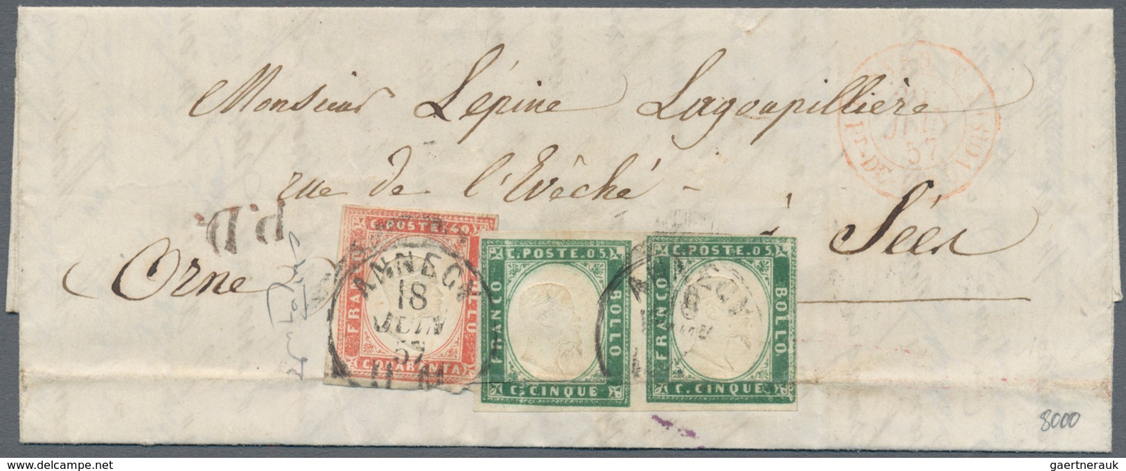 Italien - Altitalienische Staaten: Sardinien: 1855: 5 Cents Dark Emerald Green, Horizontal Pair, And - Sardinië