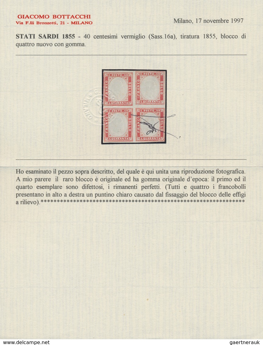 Italien - Altitalienische Staaten: Sardinien: 1855, 40 Cents Ruby Red, Print Of 1855, Block Of Four, - Sardinië