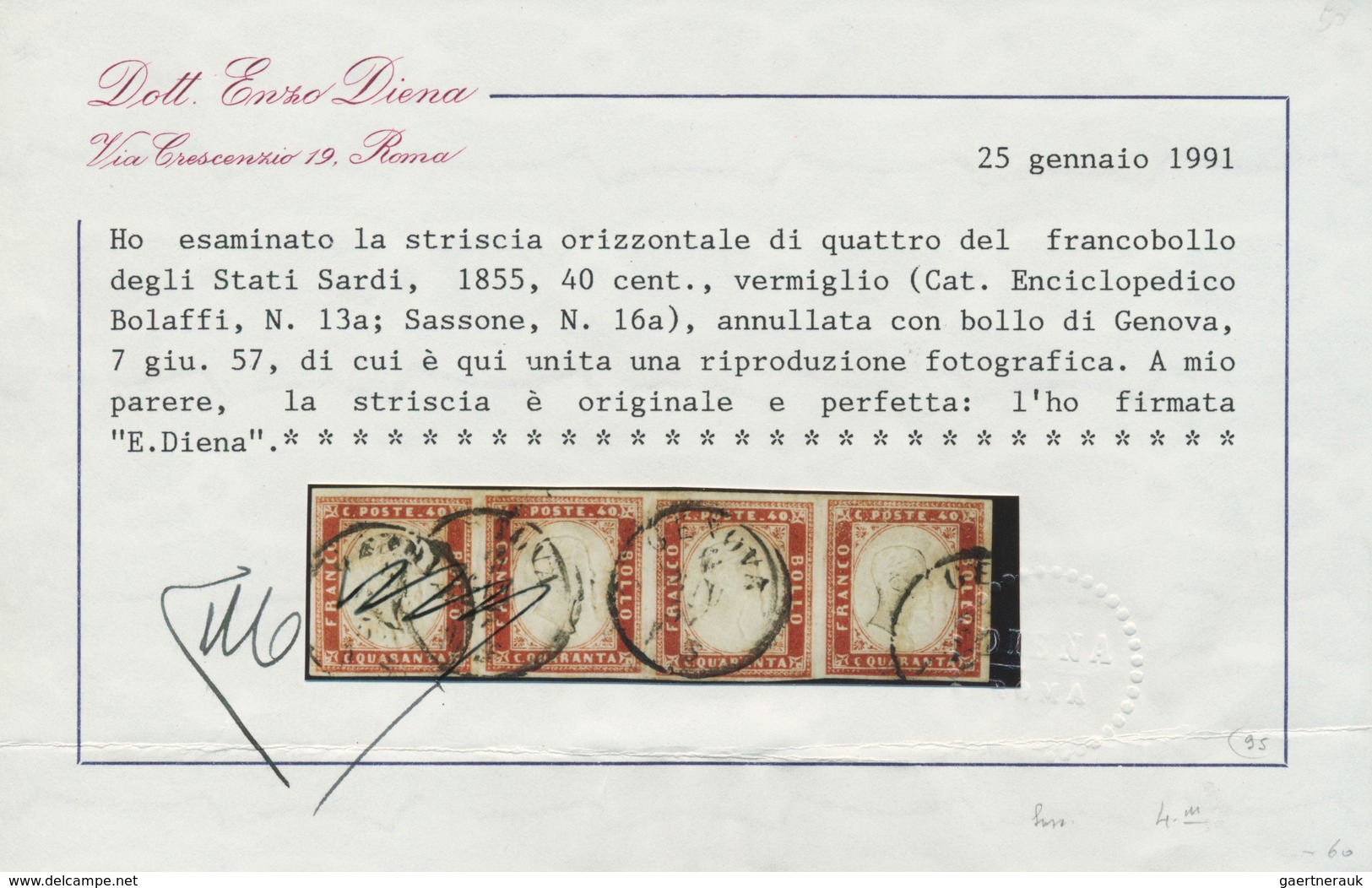 Italien - Altitalienische Staaten: Sardinien: 1855, 40 C Vermilion, Horizontal Strip Of 4, Full Marg - Sardinië