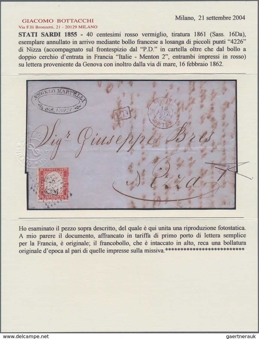 Italien - Altitalienische Staaten: Sardinien: 1861, 40 C Red Vermilion, Three Margins, Slightly Cut - Sardinië