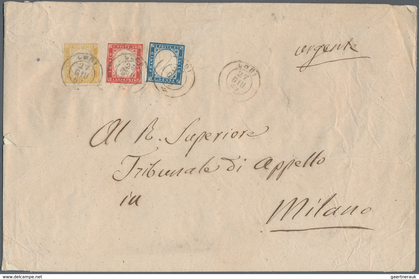 Italien - Altitalienische Staaten: Sardinien: 1859: Tricolour Franking Of 80 Cents Pale Yellow Ochre - Sardinië