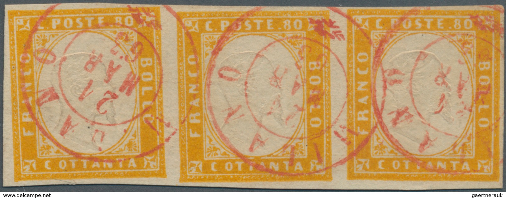 Italien - Altitalienische Staaten: Sardinien: 1862, 80 C Yellow, Horizontal Strip Of 3, Full Margins - Sardinië