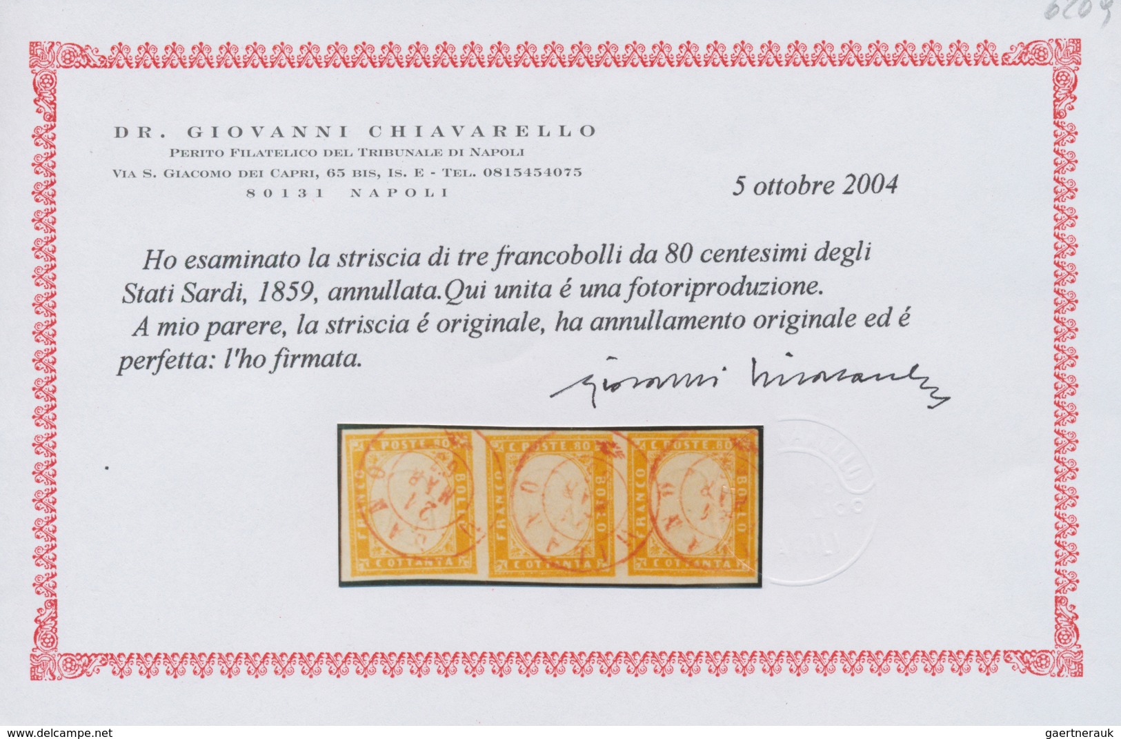 Italien - Altitalienische Staaten: Sardinien: 1862, 80 C Yellow, Horizontal Strip Of 3, Full Margins - Sardinië