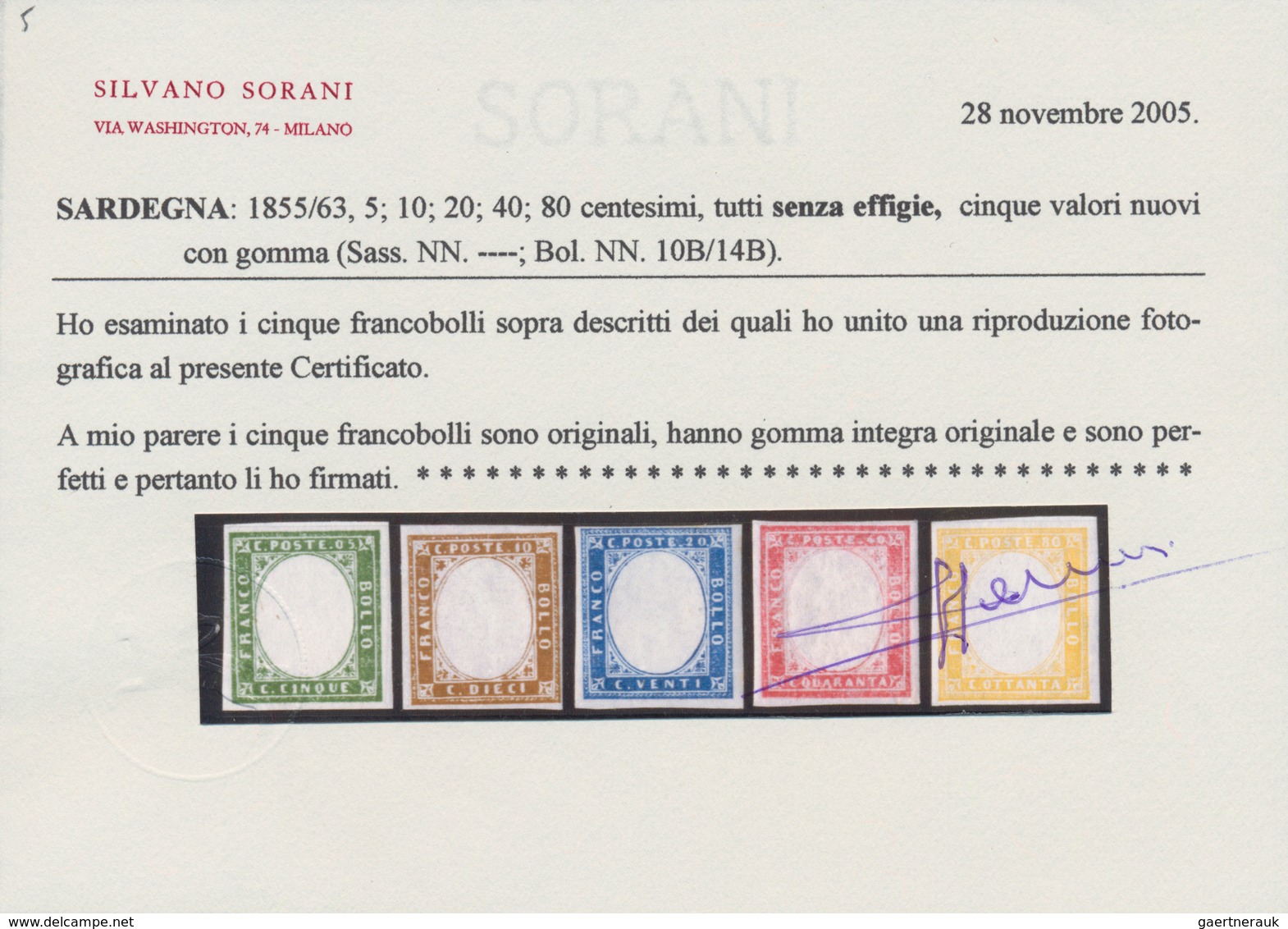 Italien - Altitalienische Staaten: Sardinien: 1855/63: 5, 10, 20, 40 And 80 Cents, All Without Embos - Sardinië