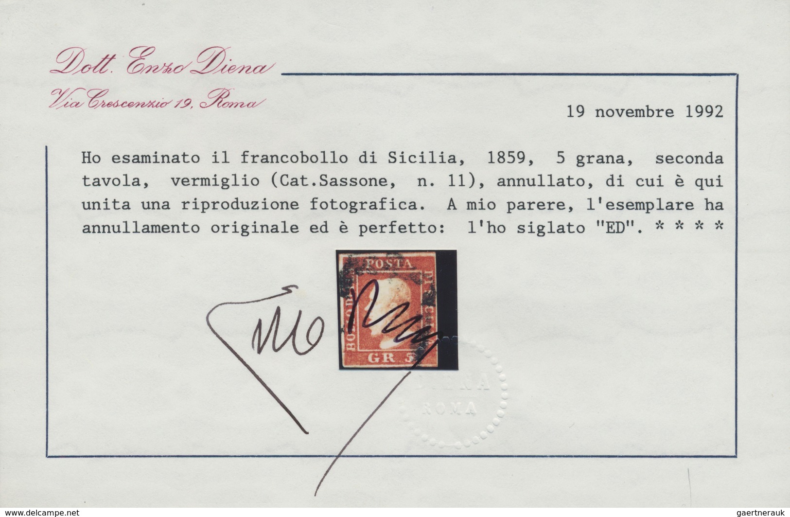 Italien - Altitalienische Staaten: Sizilien: 1859, 5 Gr Vermilion, Plate II, Close To Full Margins, - Sicilië