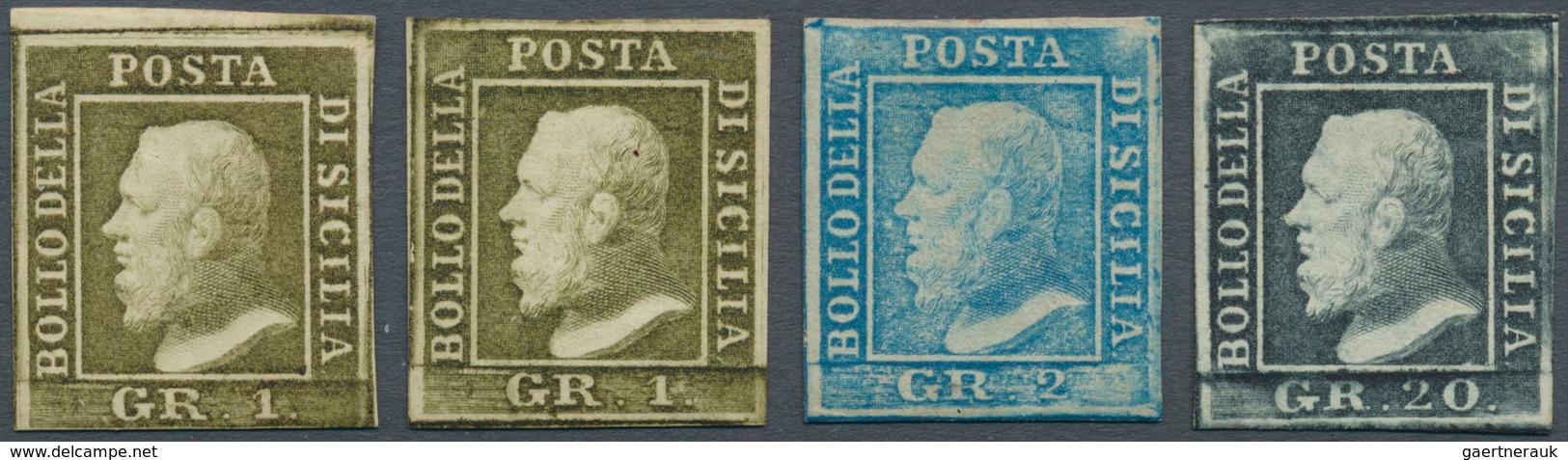 Italien - Altitalienische Staaten: Sizilien: 1859: 20 Gr Grey, 2 Gr Blue And Two Copies 1 Gr Olive, - Sicilië