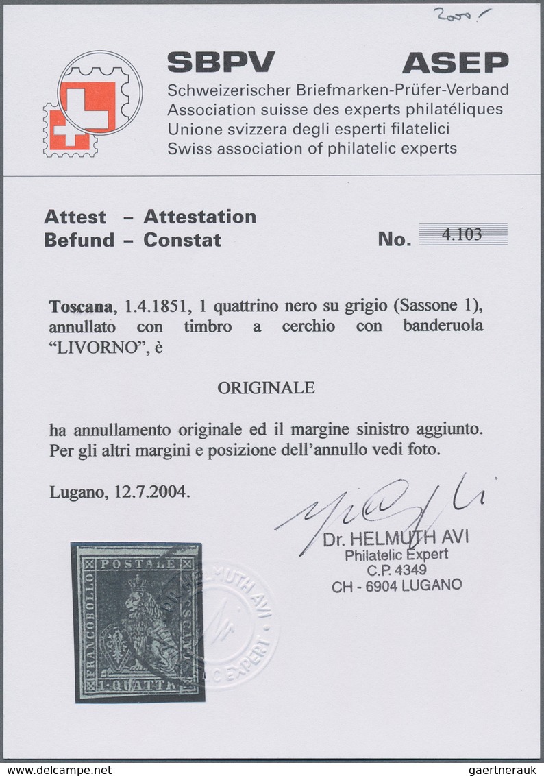 Italien - Altitalienische Staaten: Toscana: 1851, 1qu. Black On Grey, Fresh Colour, Left Margin Adde - Toscane