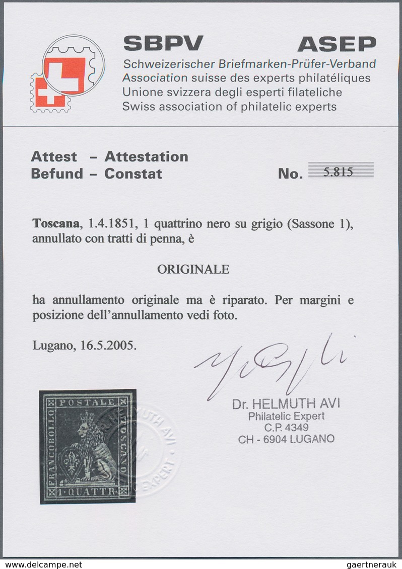 Italien - Altitalienische Staaten: Toscana: 1851, 1qu. Black On Grey Paper, Fresh Colour, Close To F - Tuscany