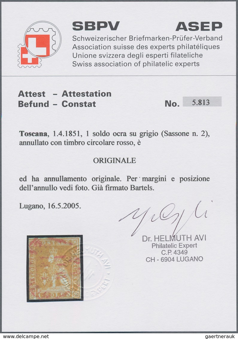 Italien - Altitalienische Staaten: Toscana: 1851, 1so. Ocre On Grey Paper, Fresh Colour, Slightly Cu - Toscane