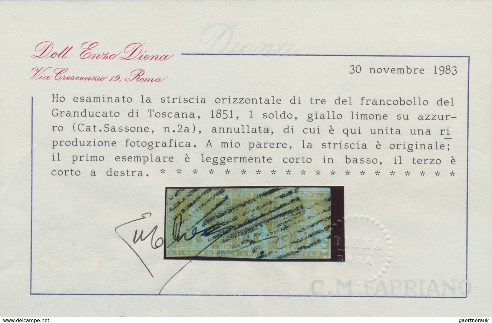 Italien - Altitalienische Staaten: Toscana: 1851, 1 Soldo, Lemon Yellow On Bluish Paper, Cancelled, - Toscane