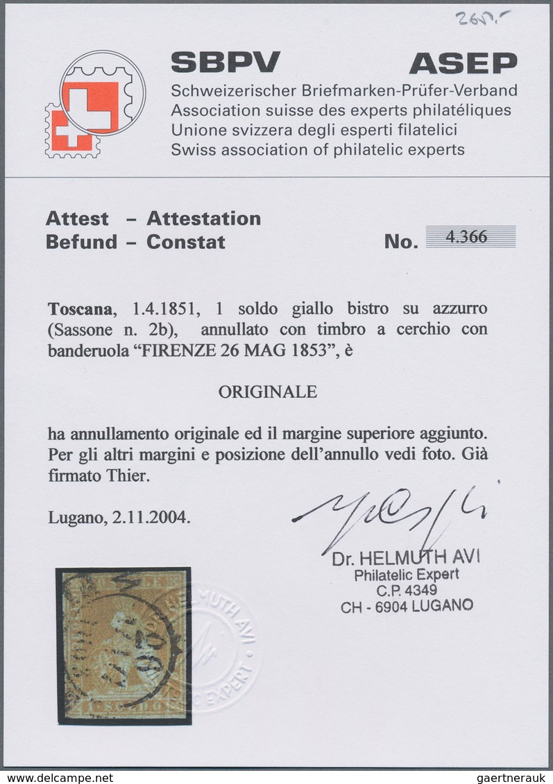 Italien - Altitalienische Staaten: Toscana: 1851, 1so. Yellow-bistre On Bluish, Fresh Colour, Top Ma - Tuscany