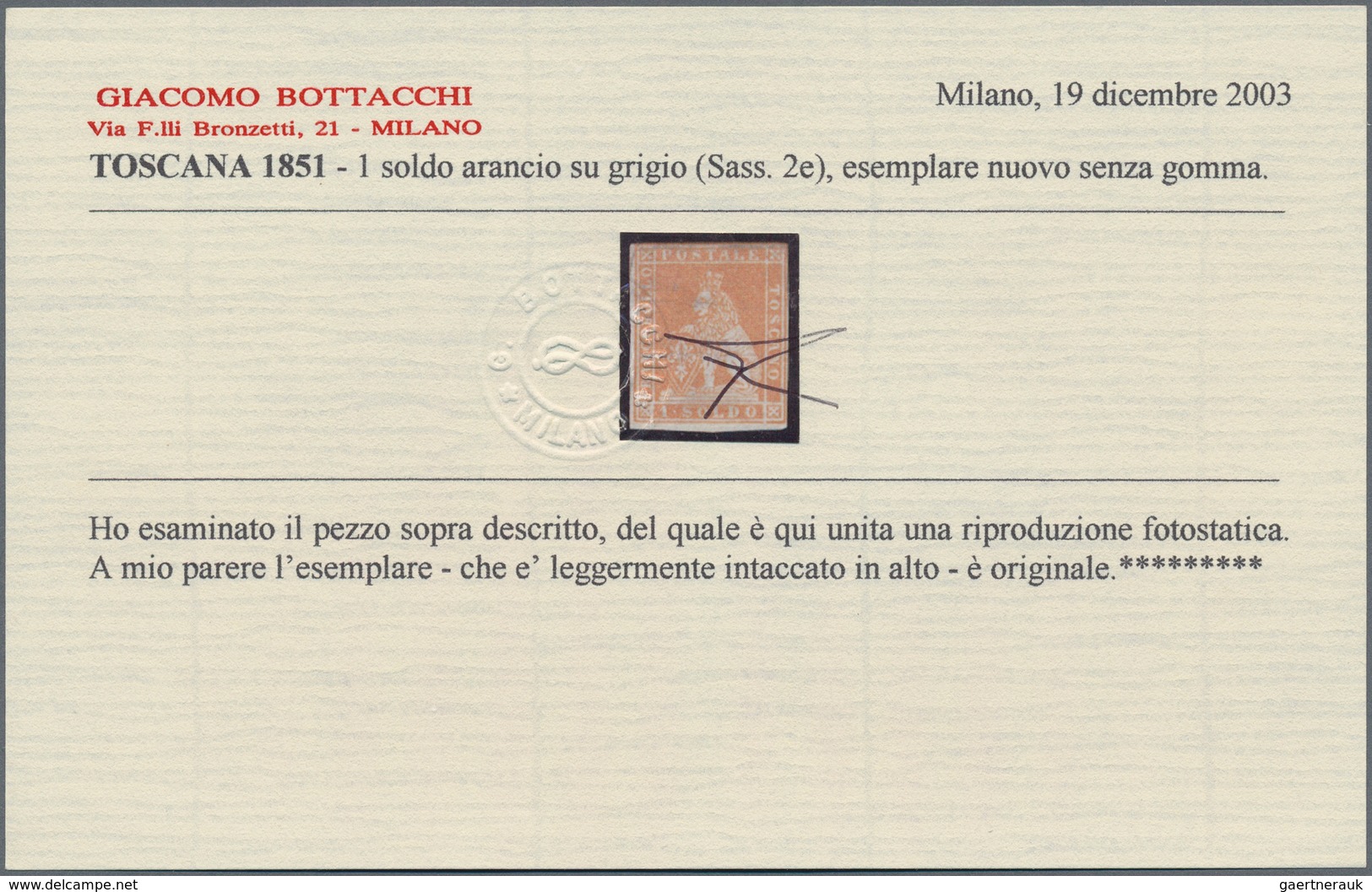 Italien - Altitalienische Staaten: Toscana: 1851, 1so. Orange On Grey, Fresh Colour, Touched To Full - Toscane