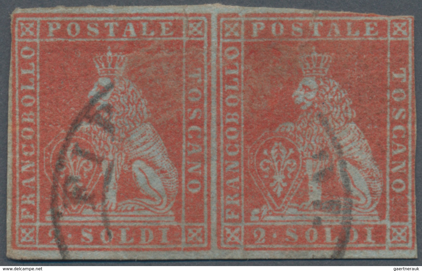 Italien - Altitalienische Staaten: Toscana: 1851, 2so. Red On Bluish Paper, Horiz. Pair, Fresh Colou - Toscane