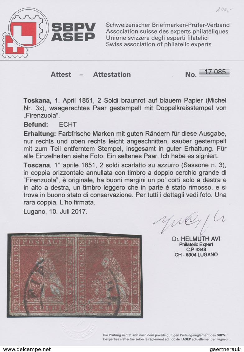 Italien - Altitalienische Staaten: Toscana: 1851, 2so. Red On Bluish Paper, Horiz. Pair, Fresh Colou - Toscane