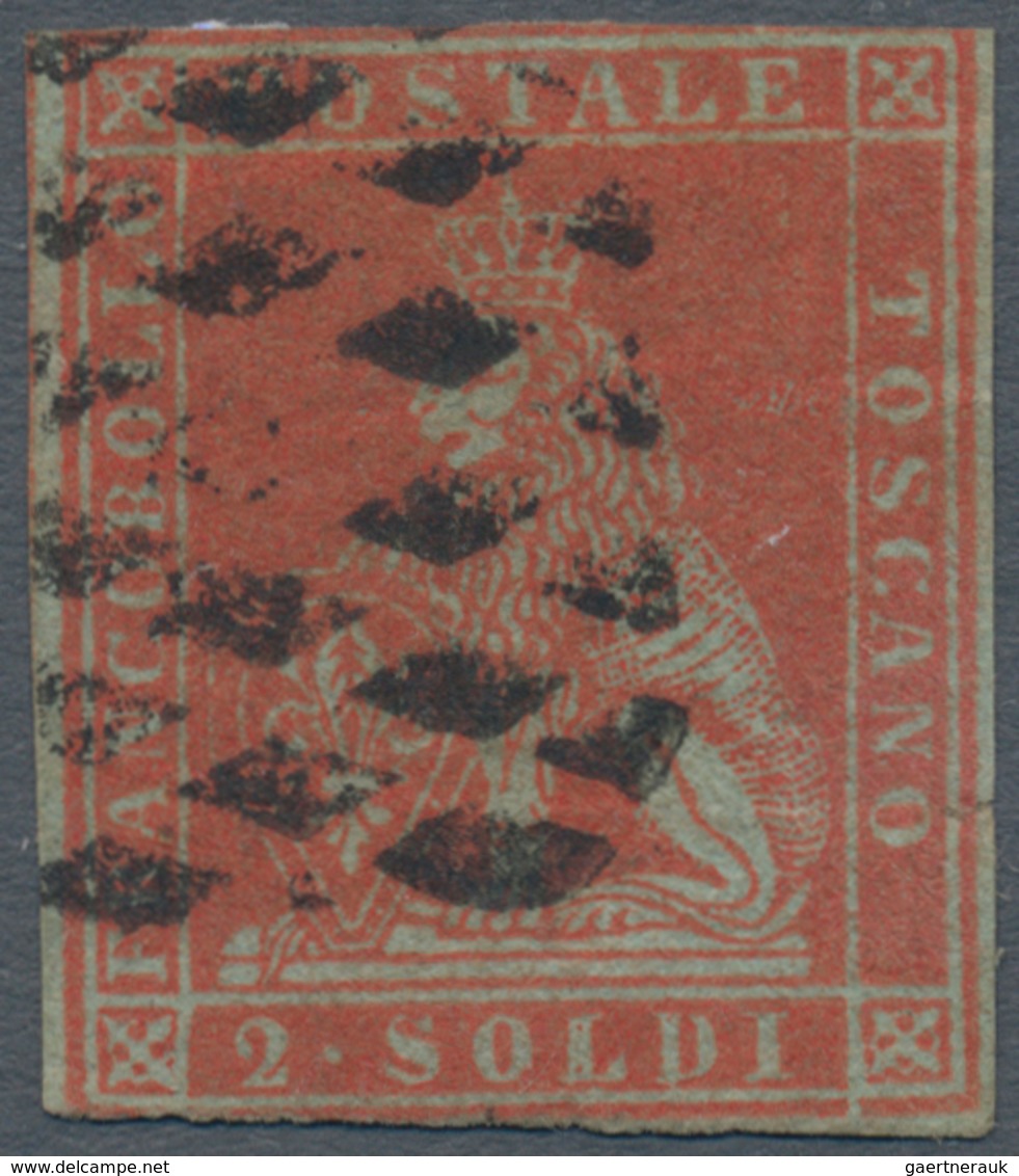 Italien - Altitalienische Staaten: Toscana: 1852, 2 Soldi, Scarlet On Blue, Canceled With Mute Rhomb - Toscane