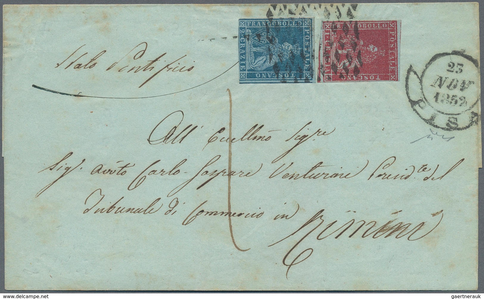 Italien - Altitalienische Staaten: Toscana: 1851, 1 Cr Bright Carmine On Grey And 2 Cr Blue On Grey, - Tuscany