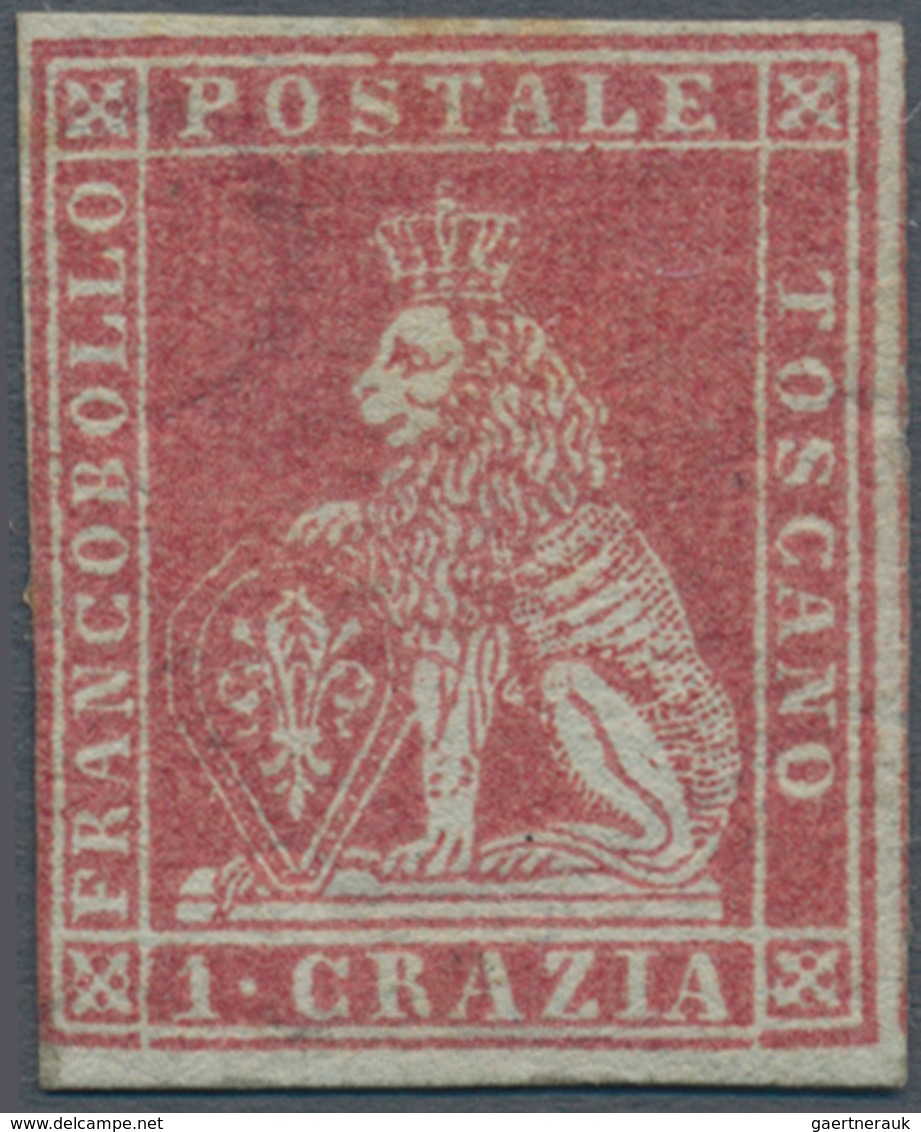 Italien - Altitalienische Staaten: Toscana: 1851, 1 Crazia, Carmine On Gray Paper, Mint With Gum; Wi - Toscana