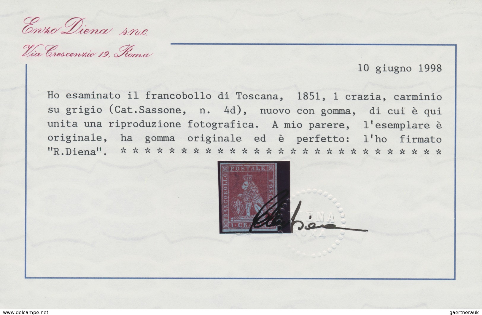 Italien - Altitalienische Staaten: Toscana: 1851, 1 Crazia, Carmine On Gray Paper, Mint With Gum; Wi - Tuscany