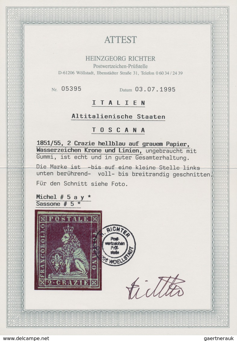 Italien - Altitalienische Staaten: Toscana: 1851: 2 Crazie Light Blue On Gray Paper, Mint With Origi - Toscane