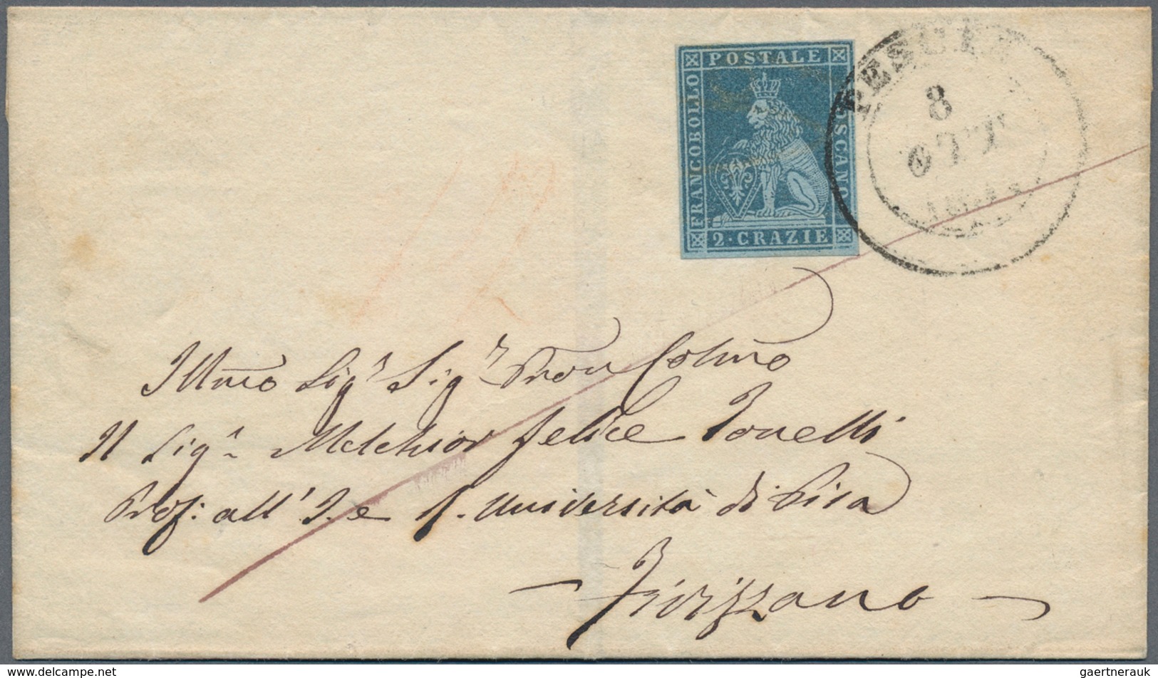 Italien - Altitalienische Staaten: Toscana: 1851, 2 Cr Grey Blue On Blue, Even To Full Margins, Sing - Toscane