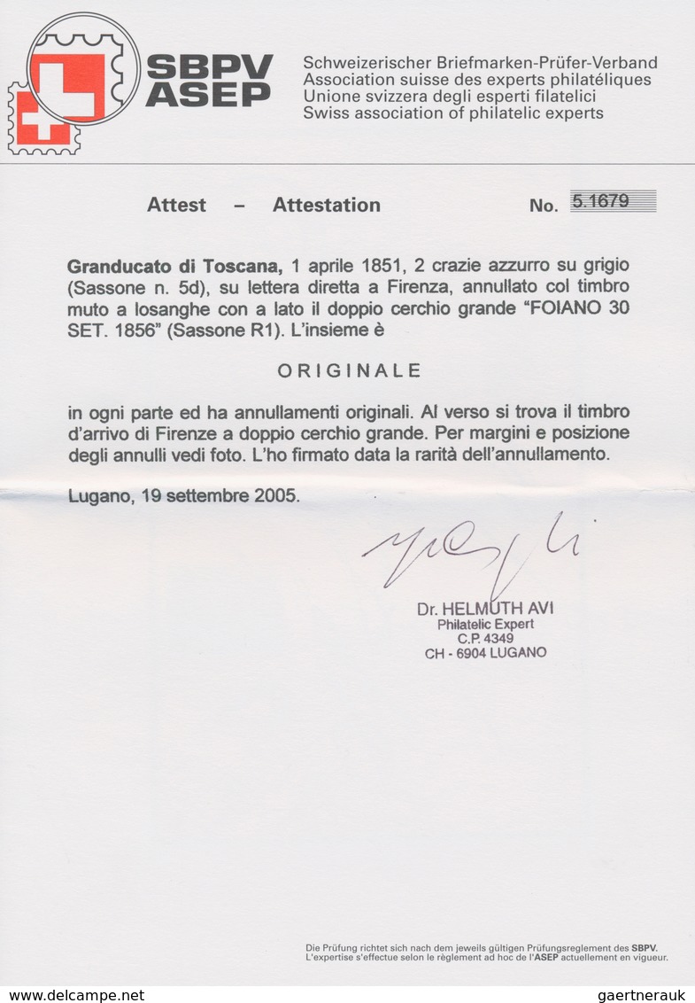 Italien - Altitalienische Staaten: Toscana: 1851, 2 Crazie Blue On Grey Paper, On A Letter Addressed - Toscane