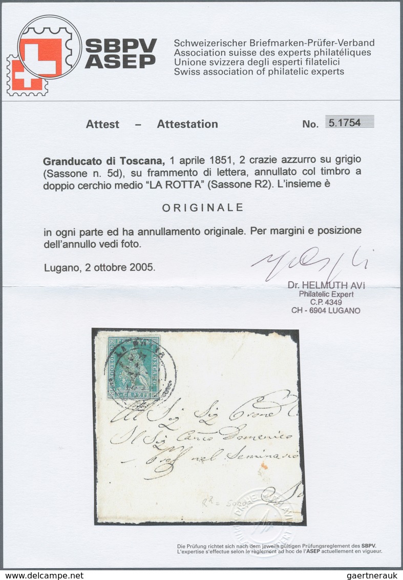 Italien - Altitalienische Staaten: Toscana: 1851. LA ROTTA. 2 Crazie Blue On Gray, On Large Piece Of - Toscane