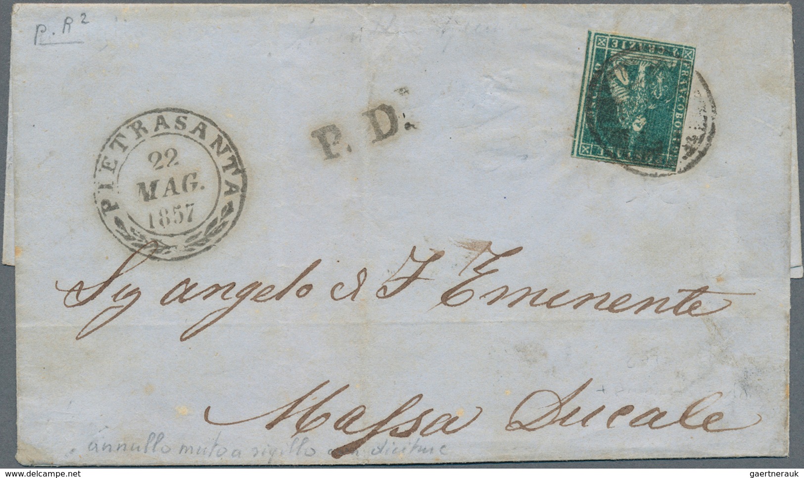 Italien - Altitalienische Staaten: Toscana: 1851, 2 Cr Greenish Blue On Grey, 3 Margins, Left Side T - Toscane